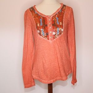 Free People Tiger Eyes Sequin Henley Shirt M